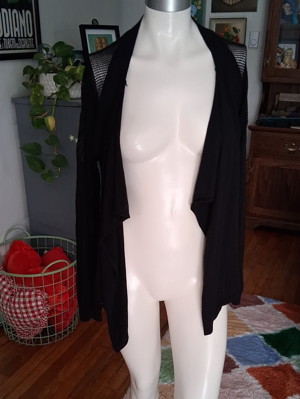 Women's Black Open Front Draped Cardigan